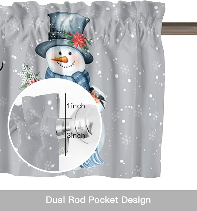 Snowman Christmas Valance Curtains for Kitchen Windows Let It Snow Winter Holiday Rod Pocket Window Treatment Toppers for Kitchen/Living Room/Bedroom/Bathroom, 60" X 18", Grey White