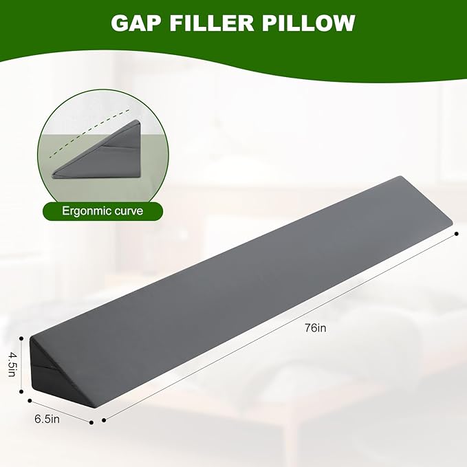King Size (76"x6.5"x4.5") Bed Wedge Pillow/Headboard Pillow/Mattress Wedge with an Extra Cover, Gap Filler to Close The Gap (0-5") Between Headboard and Mattress (Gray)