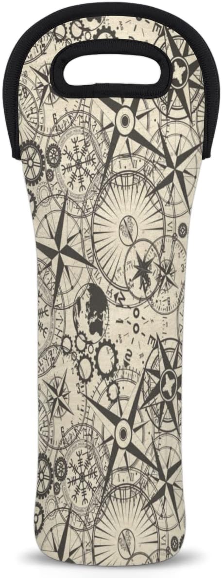 Compass Old Signs Single Bottle Wine Gift Tote Carrier Neoprene Wine Tote Bags Holder Cooler Wine Lover Gift