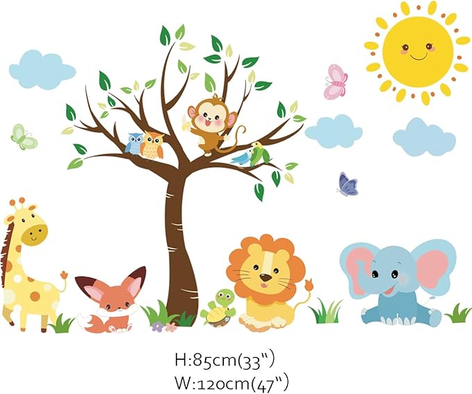 Runtoo Baby Animals Wall Decals Elephant Lion Monkey Jungle Tree Wall Stickers for Kids Room Nursery Classroom Wall Decor