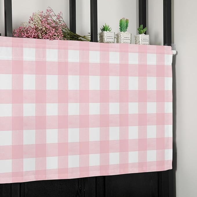 Christmas Valance Curtains for Kitchen Windows Rustic Pink White Buffalo Check Plaid Pattern Rod Pocket Window Treatment Toppers for Kitchen/Living Room/Bedroom/Bathroom, 60" X 18", Farmhouse