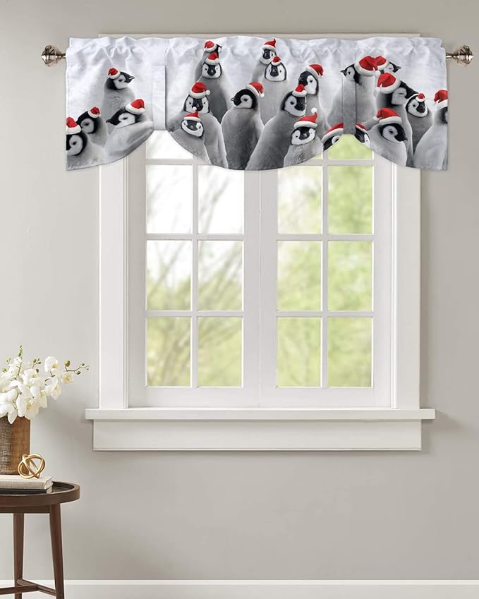 Funny Penguin with Christmas Hat Blackout Tie Up Valance Curtains for Kitchen Windows Winter Holidays Window Toppers Balloon Shades for Living Room/Bathroom/Bedroom,1 Panel,54" X 18"