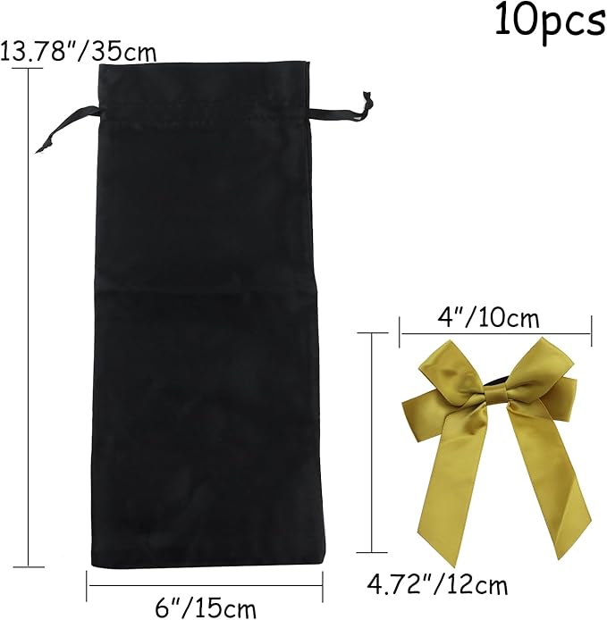 HEVSTIL 10Pcs Satin Wine Bags Wine Gift Bags with Decorative Bows,Wine Bottle Bags Reusable Wine Bottle Covers for Christmas, Wedding, Birthday, Travel, Holiday Party,Housewarming Gifts,Black