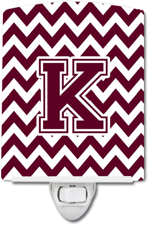 Caroline's Treasures CJ1051-KCNL Letter K Chevron Maroon and White Ceramic Night Light Compact, UL-Certified, Ideal for Bedroom, Bathroom, Nursery, Hallway, Kitchen, 6x4x3, Multicolor