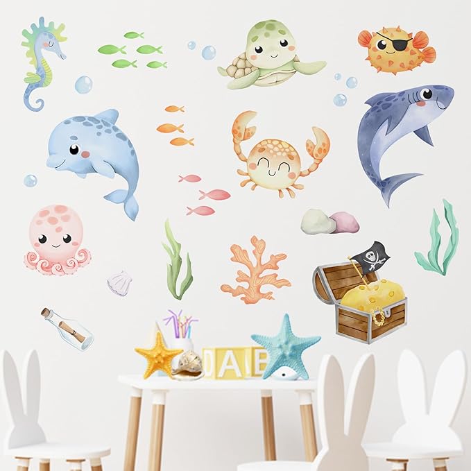 Mfault Under The Sea Ocean Creature Wall Decal Stickers, Coastal Shark Dolphin Octopus Crab Turtle Sea Horse Fish Nursery Decoration Bedroom Art, Marine Animal Treasure Beach Toddler Kids Room Decor