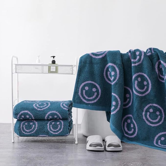 Luxury Cute Smiling Face Purple Green Bath Towel Sets for Bathroom, 1 Bath Towels 2 Hand Towels Washcloths 100% Cotton Ultra Soft Highly Absorbent for Women Kids Girl Boy Face Body
