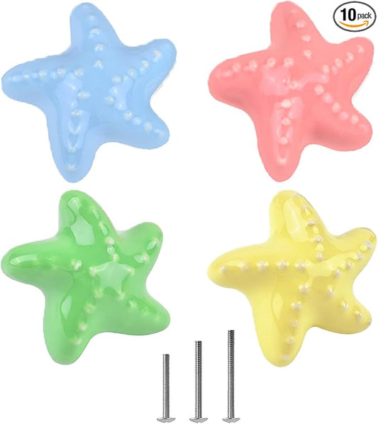 4X Colorful Cute Glossy Ceramic Knobs Starfish-Shape Lovely Door Pull Knob Cabinet Closet Ceramic Drawer Cupboard Kitchen Dresser Kids Child Bedroom Pulls Wardrobe Handles