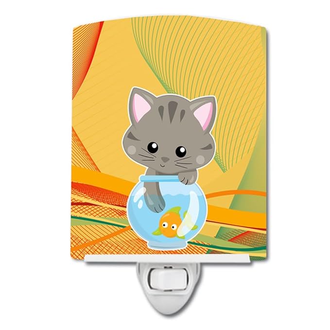 Caroline's Treasures BB6879CNL Kitten in The Fish Bowl Ceramic Night Light Compact, UL-Certified, Ideal for Bedroom, Bathroom, Nursery, Hallway, Kitchen, 6x4x3, Multicolor