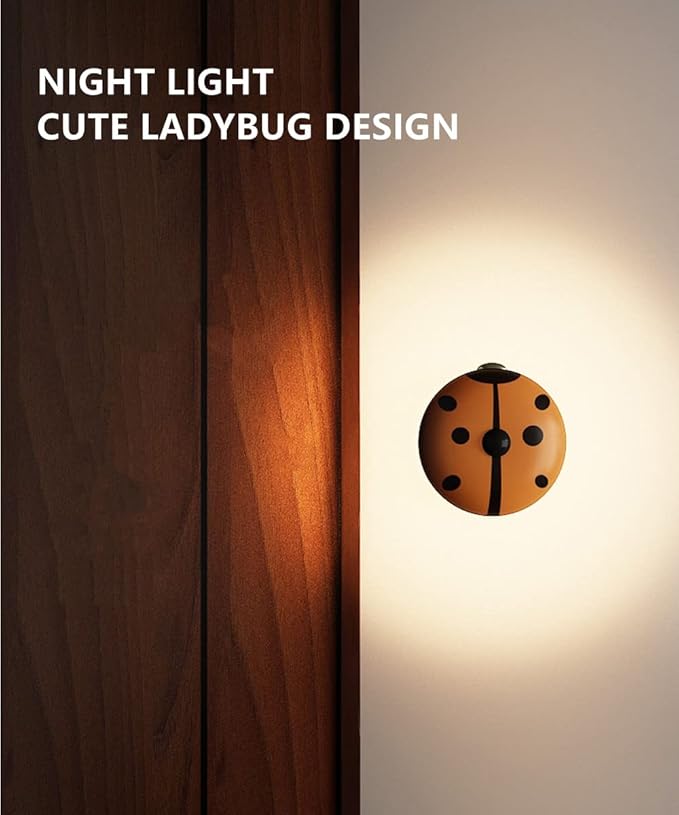 Motion Sensor Night Light, Cute Ladybug LED Night Light for Kids, USB Rechargeable, Magnetic Stick-On Anywhere, Wall Light with 2 Working Modes for Stairway Cabinet Hallway Bedside