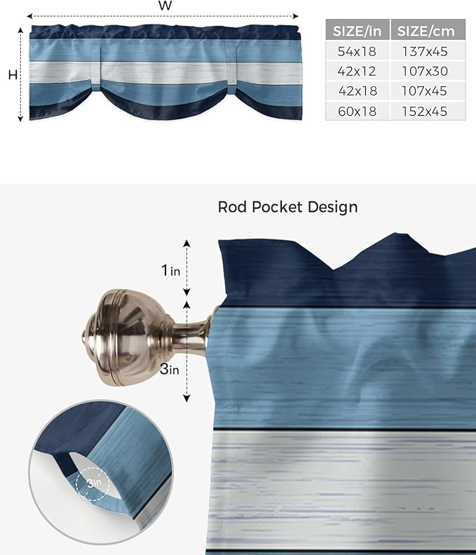 Farmhouse Blackout Tie Up Valance Curtains for Kitchen Windows,Navy Sky Blue White Window Toppers Balloon Shades for Living Room/Bathroom/Bedroom,1 Panel,42" X 12" Retro Rustic Barn Wood Texture