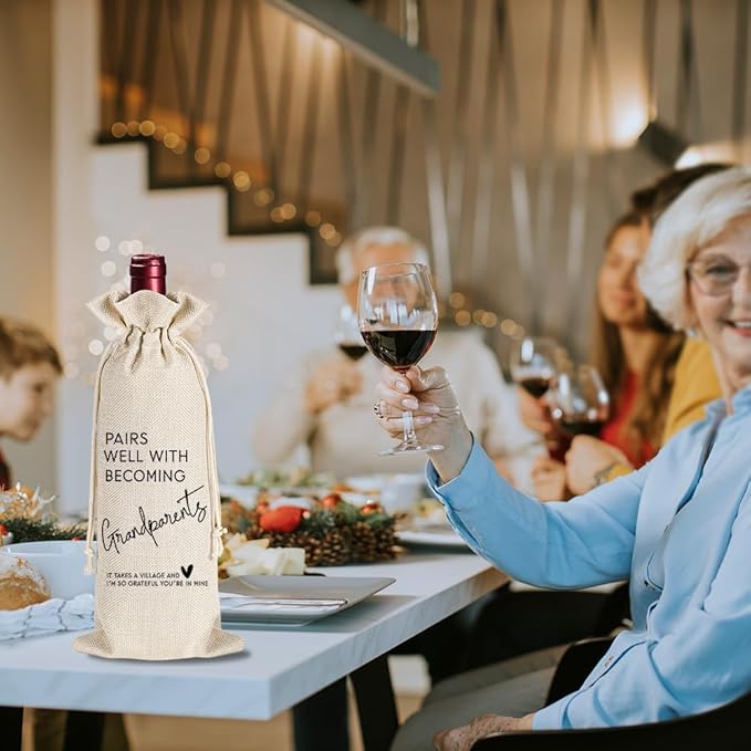 YAANUNULU Grandparents Gifts, Pregnancy Announcement Wine Bag, Pairs Well with Becoming Grandparents Wine Bag, Grandmother Grandfather Gifts, Party Decorations