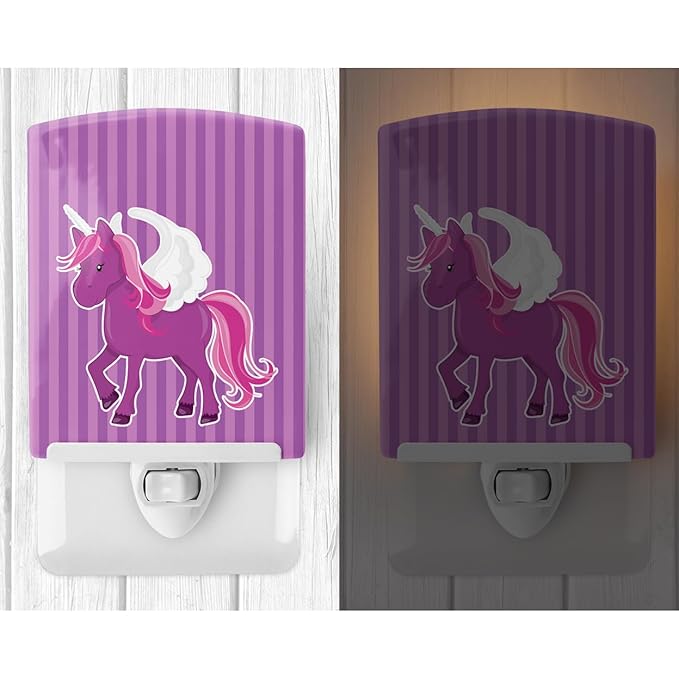 Caroline's Treasures BB9089CNL Unicorn Purple Stripes Ceramic Night Light Compact, UL-Certified, Ideal for Bedroom, Bathroom, Nursery, Hallway, Kitchen, 6x4x3, Multicolor