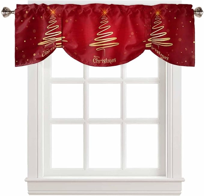 Christmas Tree Blackout Tie Up Valance Curtains for Kitchen Windows Merry Xmas Red Window Toppers Balloon Shades for Living Room/Bathroom/Bedroom,1 Panel,60" X 18" Winter Holiday Decor