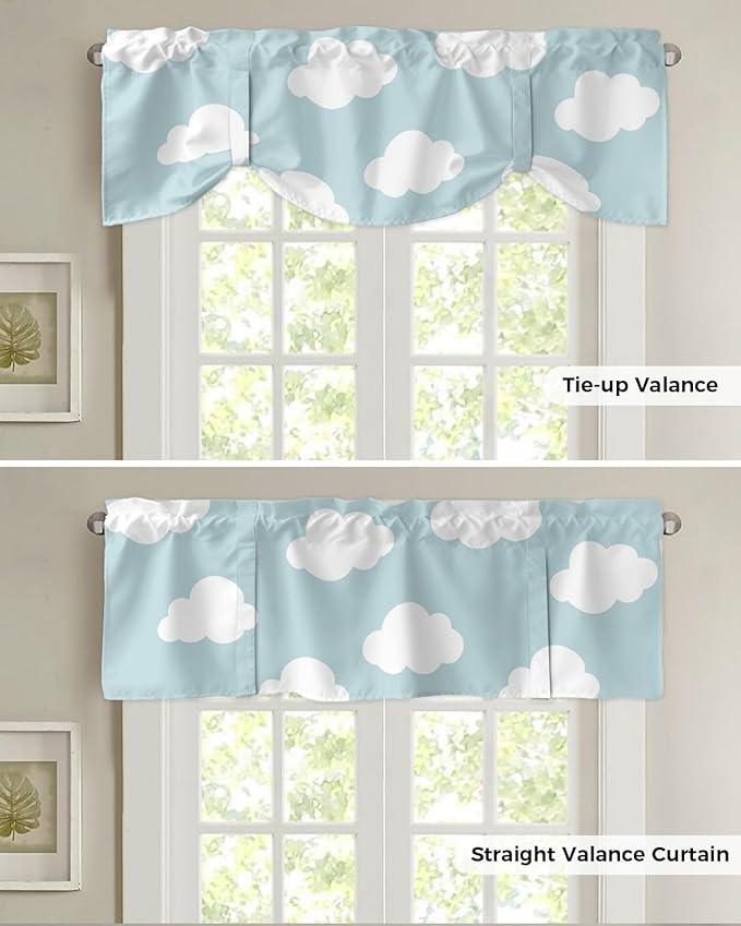 Kids Blackout Tie Up Valance Curtains for Kitchen Windows Blue White Cloud Cartoon Window Toppers Balloon Shades for Living Room/Bathroom/Bedroom,1 Panel,42" X 18"