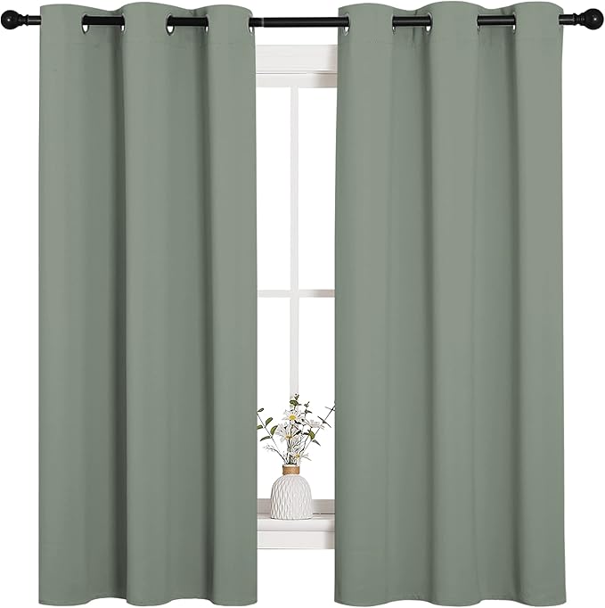 NICETOWN Greyish Green Nursery Essential Thermal Insulated Solid Grommet Top Blackout Short Curtains/Drapes for Son's Room (1 Pair, 42 x 63 inches)