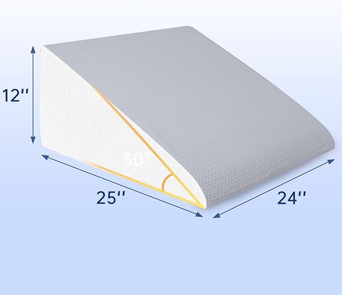 QUINEEHOM Bed Wedge Pillow for Sleeping, 12 Inch Triangle Bed Wedge for Adults, Memory Foam Wedge with Washable Cover, Hypoallergenic 30 Degree Pillow for Acid Reflux, Knee, Snoring, White&Grey