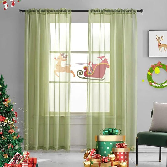 Sage Green Christmas Sheer Curtains 84 Inches Long 2 Panels for Bedroom/Living Room/Kids Rod Pocket Light Filtering Sage Green Sheer Curtains 52 x 84 mas sheer curtains