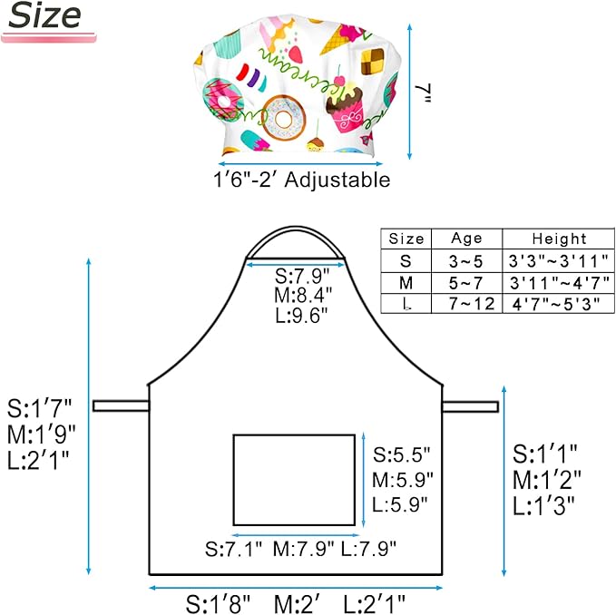 Kids Apron Chef Hat Set for Boys and Girls Adjustable Neck Strap Hook and Loop Fastener Design Waistband for Baking