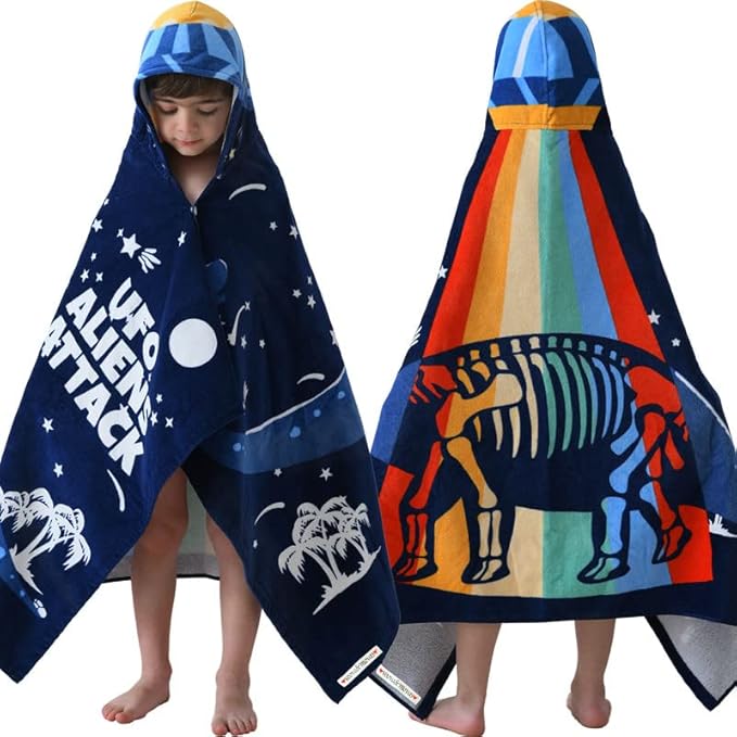 VOOVA & MOVAS Toddler Bath Towel with Hood for Kids Age 3-10, Soft | Thick | Absorbent Cotton Wrap Blanket, Beach, Pool, Swim | Bath Use, Dinosaur Under The UFO