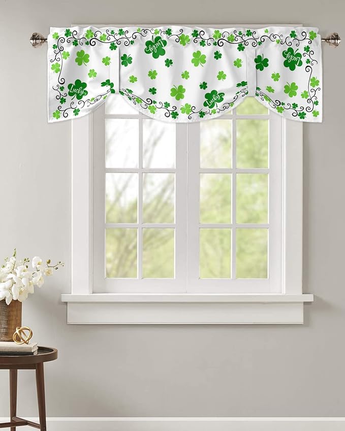 St. Patrick's Day Blackout Tie Up Valance Curtains for Kitchen Windows Green Shamrock Irish Clover Window Toppers Balloon Shades for Living Room/Bathroom/Bedroom,1 Panel, 42" X 18" Spring Holiday