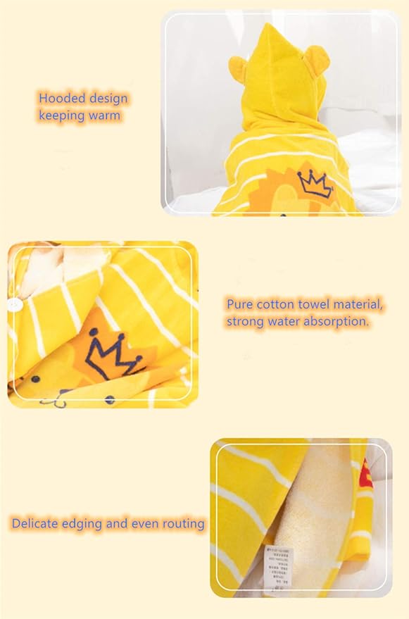 TONWHAR Kids Bath/Pool/Beach Hooded Poncho Towel-Cartoon Animal Pattern Cotton Beach Towel for Baby and Kids (Lion, 1-4 Years/Height:33.4"-43.3")