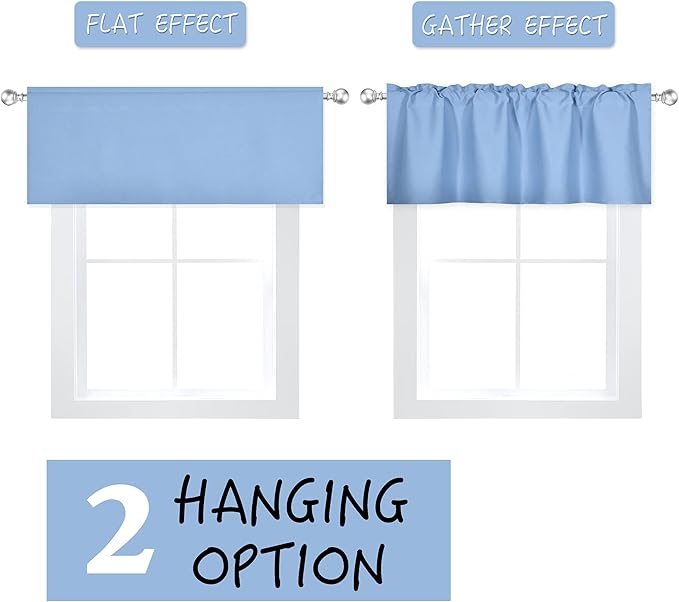 Sky Blue Valance 2 Panels for Windows 42x18 Inch Thermal Insulated Blackout Rod Pocket Kitchen Short Curtain Toppers Valance for Bathroom Living Room, Light Baby Blue