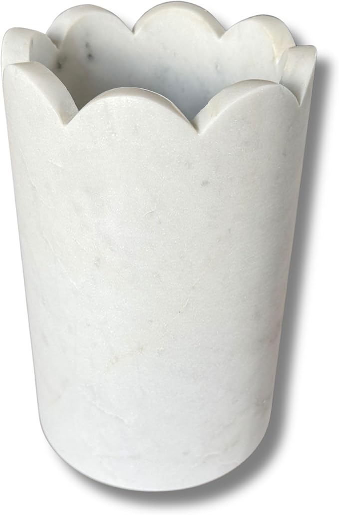 Scalloped Marble Wine Chiller - 750ml Wine Bottle Cooler & Chiller for Party, Bar Cart & Kitchen Decor Keeps Wine & Bottle Cold - Multi-Purpose Marble Utensil Holder for Kitchen Counter
