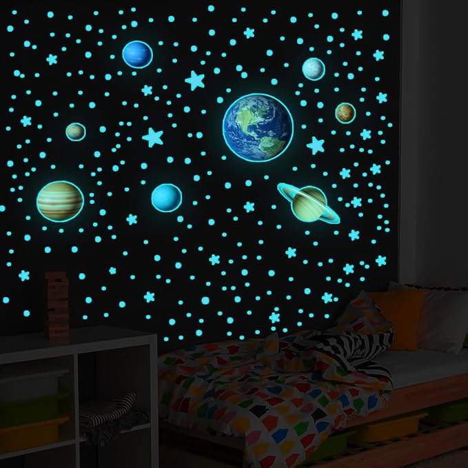 Glow in The Dark Solar System Wall Decals,Glow in The Dark Stars Solar System Wall Decals,Sun and 8 Major Planets Wall Decals for Bedroom, Nursery Wall Stickers for Bedroom (Blue)