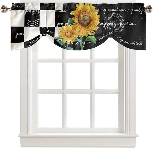Buffalo Plaid Blackout Tie Up Valance Curtains for Kitchen Windows Farmhouse Sunflower Window Toppers Balloon Shades for Living Room/Bathroom/Bedroom,1 Panel,60" X 18" Autumal Wild Flower