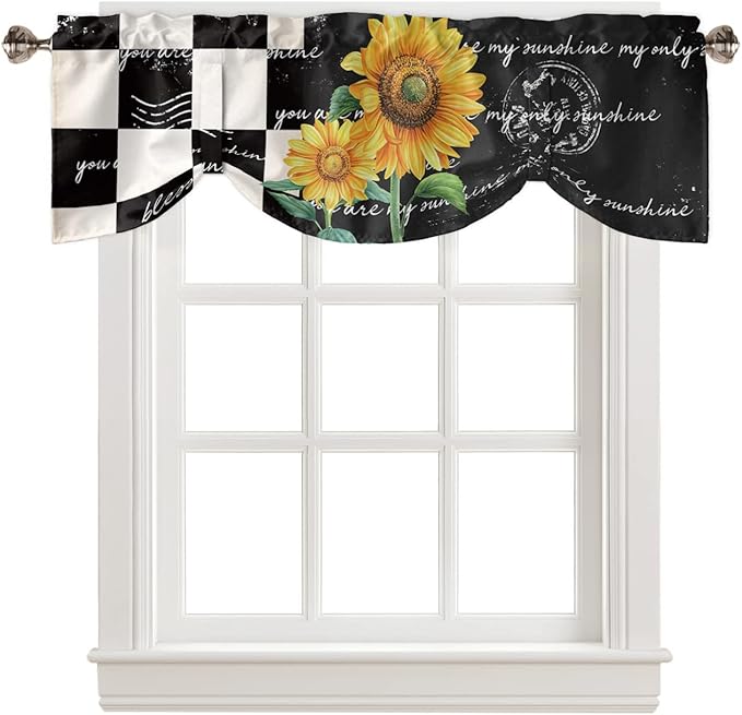 Buffalo Plaid Blackout Tie Up Valance Curtains for Kitchen Windows Farmhouse Sunflower Window Toppers Balloon Shades for Living Room/Bathroom/Bedroom,1 Panel,42" X 18" Autumal Wild Flower