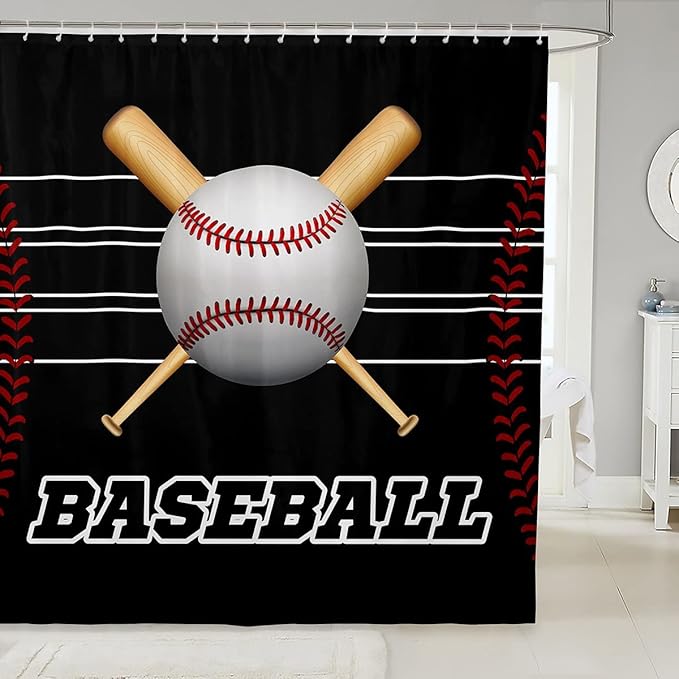Baseball Shower Curtain Kids Ball Sports Theme Bathroom Shower Curtain Set for Boys Girls Teens Bat Baseball Games Bath Curtain for Bathtub Polyester Baseball Lover Bathroom Accessories 72"x72"