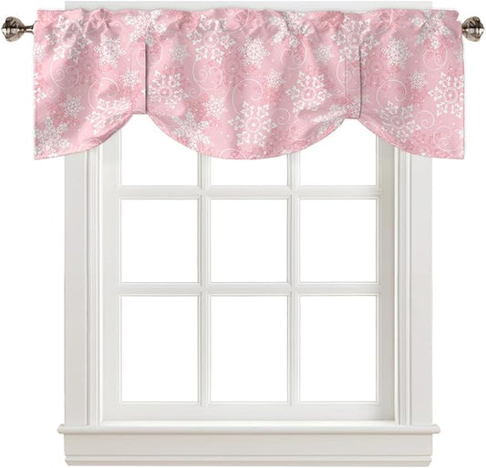 Christmas Blackout Tie Up Valance Curtains for Kitchen Windows Pink White Snowflakes Pattern Window Toppers Balloon Shades for Living Room/Bathroom/Bedroom,1 Panel, 42" X 18", Winter