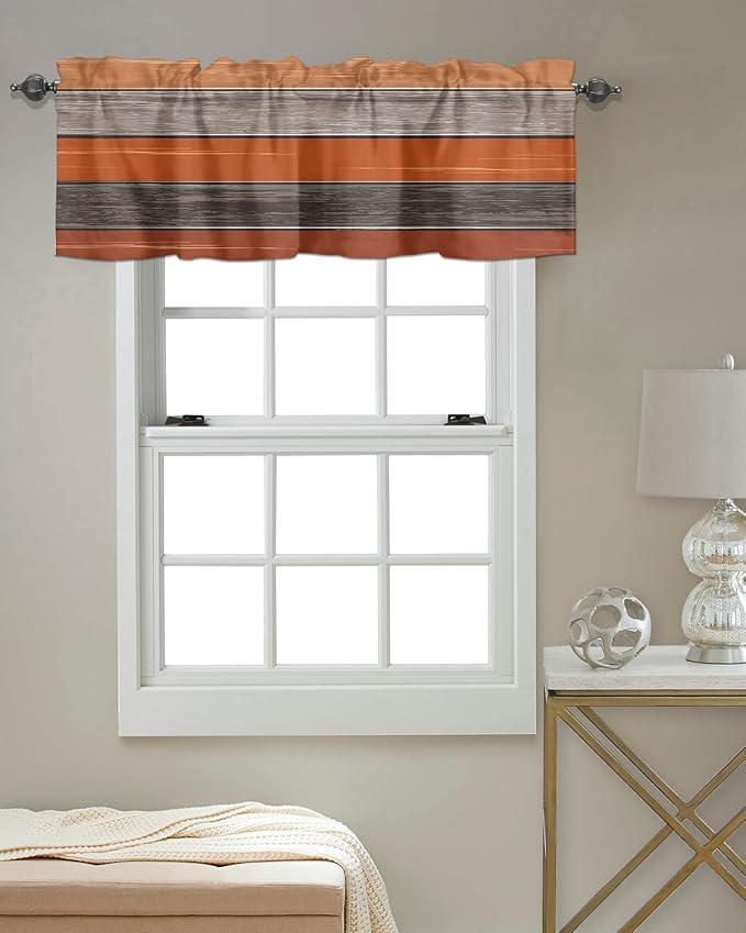 Farmhouse Kitchen Curtains Thanksgiving Fall Valances for Windows Burnt Orange Gray Rod Pocket Country Window Treatment for Kitchen /Living Room/Bedroom/ Bath,60" X 18" -1 Panel, Rustic Wood Texture