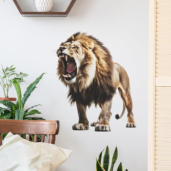 Large Fierce Lion Wall Decal Cool Cool Tropical Animal Wall Stickers 22" × 25" Peel and Stick Lion Wall Art Sticker for Kids Room Playroom Classroom Nursery Decor
