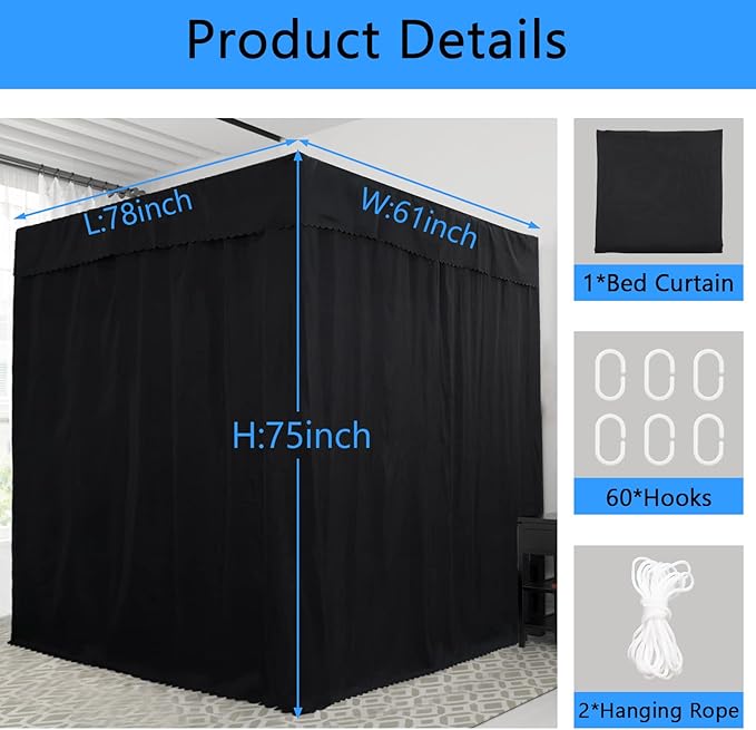 Black Canopy Bed Curtains - 4 Corner Post Bed Curtains Canopy Queen Bed Canopy Curtains for Adults Girls Bedroom Decoration(Black, Queen)