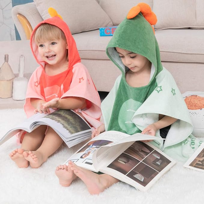 TONWHAR Kids Bath/Pool/Beach Hooded Poncho Towel-Cartoon Animal Pattern Cotton Beach Towel for Baby and Kids (Army Green Dinosaur, 5-9 Years/Height:43.3"-51.2")