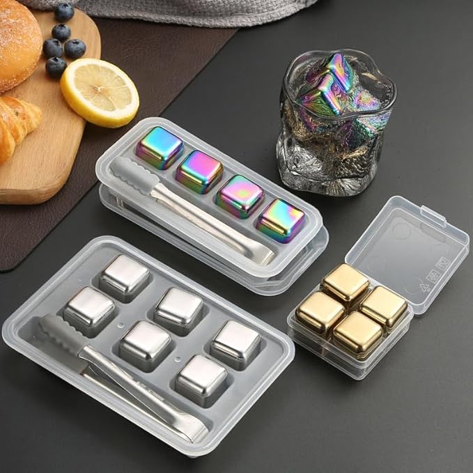 ShanSon Wine Chillers Metal Ice Cube 8 PCS Stainless Steel Whiskey Stones Reusable Whiskey Rocks Beverage Chilling Stones for Scotch and Bourbon Drinking Gifts Set for Men Dad Husband,Gold