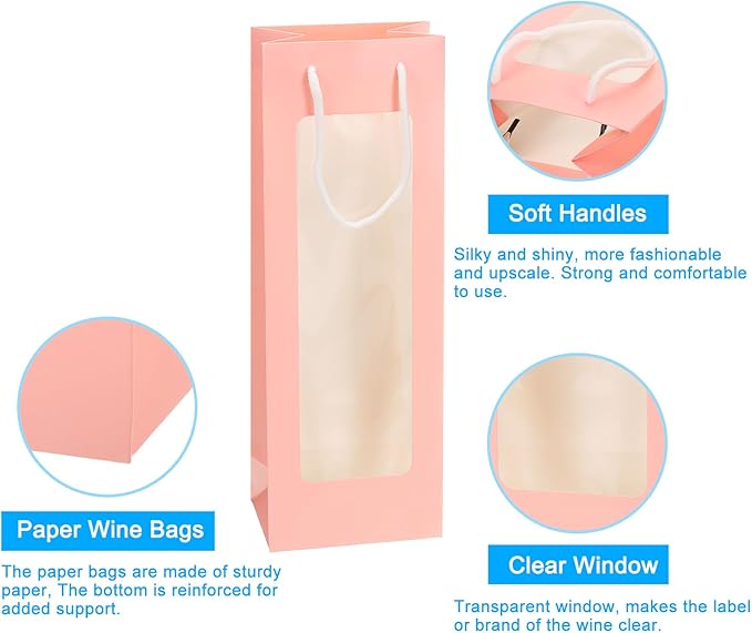 uxcell Wine Bags, 12pcs 4.92"x3.35"x14.2" Wine Gift Bags with Rope Handles, Paper Wine Tote Bag with Clear Window for Wedding Birthday Christmas Party Supplies, Pink