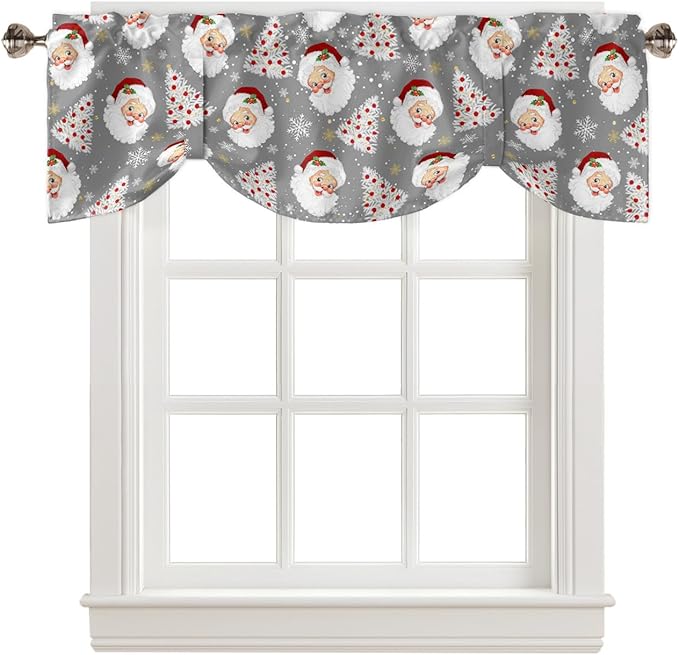 Grey Christmas Blackout Tie Up Valance Curtains for Kitchen Windows Santa Claus Merry Christmas Tree Window Toppers Balloon Shades for Living Room/Bathroom/Bedroom,1 Panel, 54" X 18", Winter Snowflake