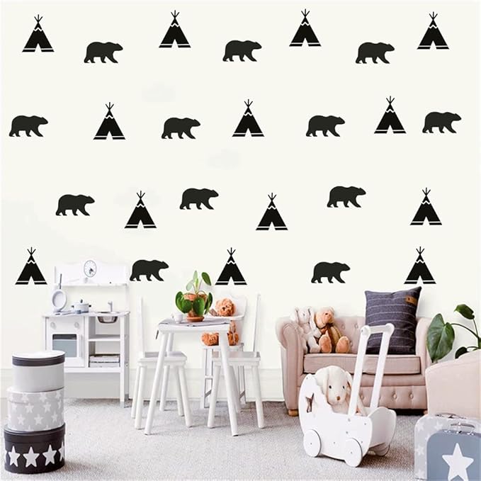 DIY 52 Pieces/Pack Tribal Tent and Bear Wall Decor Sticker for Kids Room Nursery Bedroom Baby Decoration Vinyl Wall Decal Mural AFN109 (Black)