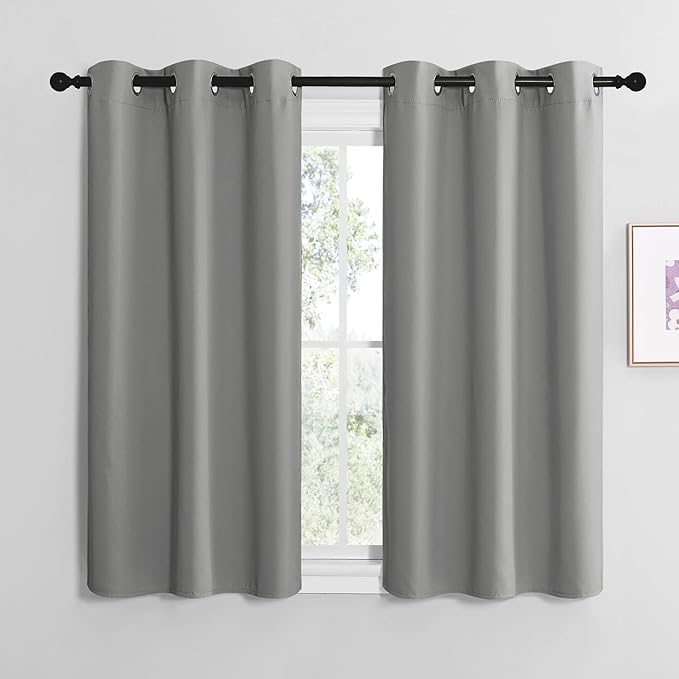 NICETOWN Silver Grey Thermal Insulated Grommet Blackout Curtains, Kids Window Drape Panel for Nursery, Privacy Short Curtains (2 Panels, W42 x L48 -Inch)