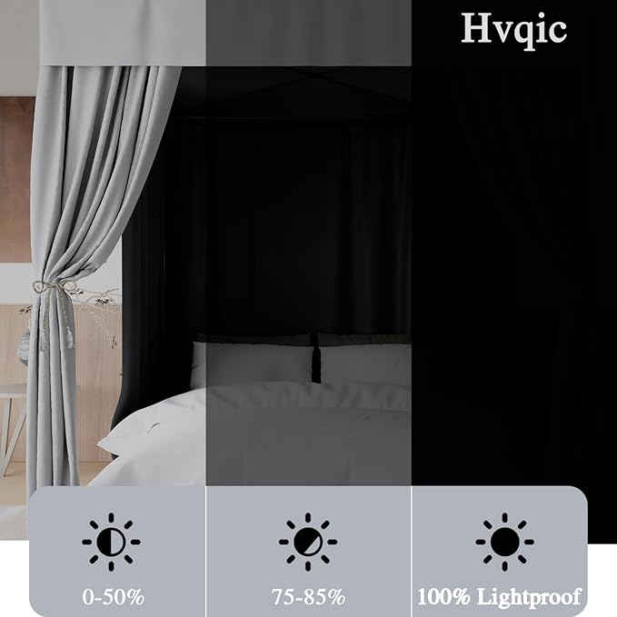 Hvqic Grey Canopy Bed Curtains - 4 Corner Post Bed Curtains Queen Bed Curtains Lightproof Drapes Bed Canopy for Adults & Girls Bedroom Decoration(Queen,Grey)