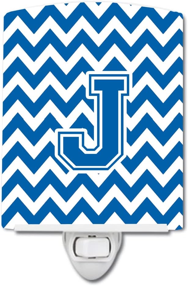 Caroline's Treasures CJ1056-JCNL Letter J Chevron Blue and White Ceramic Night Light Compact, UL-Certified, Ideal for Bedroom, Bathroom, Nursery, Hallway, Kitchen, 6x4x3, Multicolor