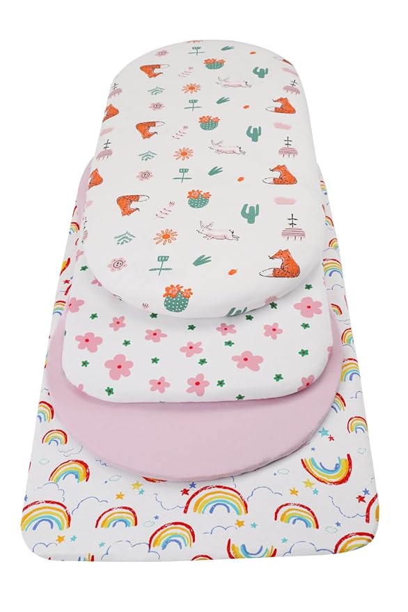 Bassinet Fitted Sheets Compatible with SNOO Happiest Baby Oval Bassinet, 2 Pack, 100% Jersey Knit Cotton 190GSM, Ultra Soft Breathable, Floral and Pink