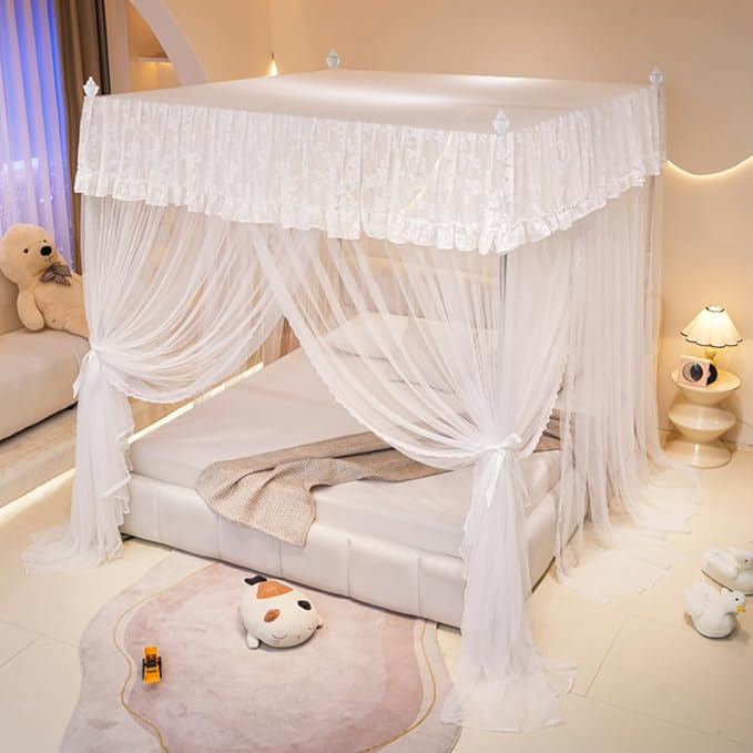 Mengersi Canopy Bed Curtains Bed Canopy,Canopy for Bed Curtains-Cozy Drape Netting,Princess Bed Drapes for Girls Adults Bedroom Decoration(Queen,White)