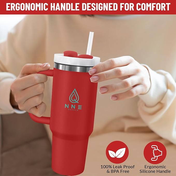 40oz stainless Steel Insulated Tumbler with Handle, lid and straw for cold water, Iced tea, or coffee - 100% Leak-Proof - Cupholder Friendly Travel Mug- Gifts for Women Men Him Her (Red)