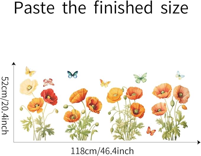 Poppies Wall Stickers for Kids Bedroom -Butterfly Flowers Wall Decals for Girls Room,Classroom,Nursery, Playroom- Removable DIY Peel and Stick Wall Art Decor