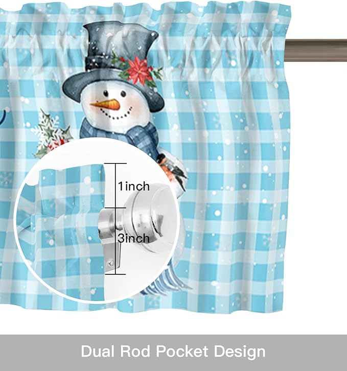 Snowman Christmas Valance Curtains for Kitchen Windows Let It Snow Winter Holiday Rod Pocket Window Treatment Toppers for Kitchen/Living Room/Bedroom/Bathroom, 42" X 12", Blue White Buffalo Plaid
