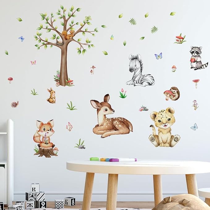Animal Tree Wall Decals Tiger Fox Deer Zebra Wall Stickers, Removable Kids Toddler Jungle Forest Wall Murals Peel and Stick Wall Art Decor Wallpaper for Kids Bedroom Living Room Wall Décor