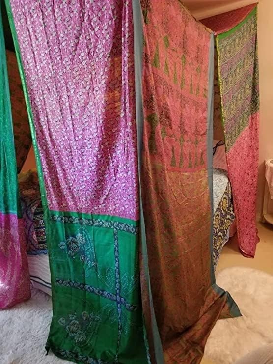 EthinicCraftHub® Bed Canopy Queen/King/Twin in Stock Curtains Bohemian Hippie Boho Decor India Fabric Silk Sari Saree Made to Order Queen Assorted Curtains (Queen)